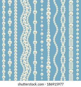 pearl realistic borders set collection isolated on blue background. vertical lines. vector illustration. 