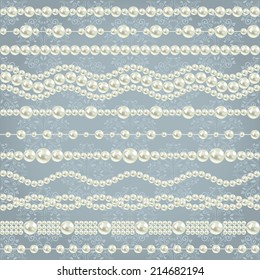 pearl realistic borders set collection isolated on grey blue floral damask seamless pattern background. vector illustration 