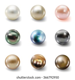 Pearl realistic set isolated on white background. Spherical beautiful 3D orb with transparent glares and highlights for decoration. Jewelry gemstones. Vector Illustration for your design and business