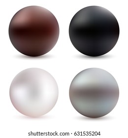 Pearl realistic set isolated on white background. Spherical beautiful 3D orb with transparent glares and highlights for decoration. Spherical pearls of different colors. Sphere shiny sea pearl.