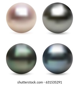 Conjunto realista Pearl aislado sobre fondo blanco. Hermosa orb 3D con vidrios transparentes y luces para la decoración. Perlas esféricas de diferentes colores. Esfera brillante perla marina.