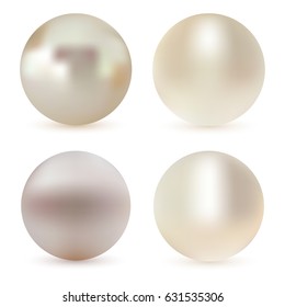 Pearl realistic set isolated on white background. Spherical beautiful 3D orb with transparent glares and highlights for decoration. Sphere shiny sea pearl.