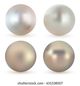 Pearl realistic set isolated on white background. Spherical beautiful 3D orb with transparent glares and highlights for decoration. Sphere shiny sea pearl.