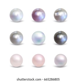 Pearl realistic set with shadows isolated on white. Beautiful 3d orbs nice gems.