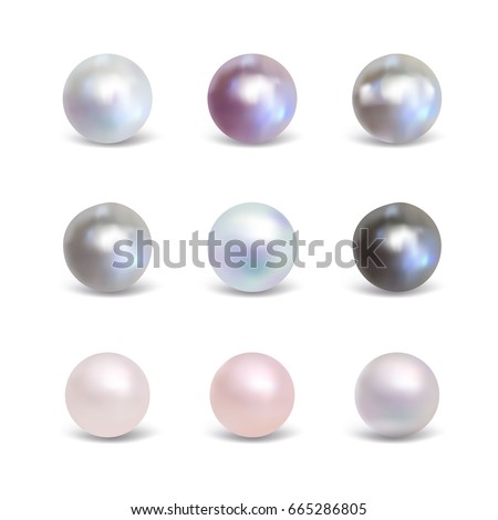 Pearl realistic set with shadows isolated on white. Beautiful 3d orbs nice gems.