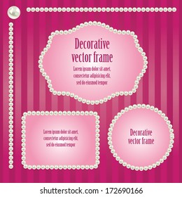 Pearl romantic luxury border set collections. Vector feminine frame pack. Decoration element patterns on purple pink stripped background. Vector illustrations. 