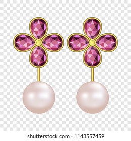 Pearl ruby earrings mockup. Realistic illustration of pearl ruby earrings vector mockup for on transparent background