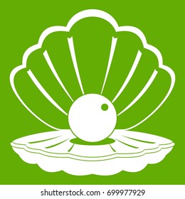 Pearl in a sea shell icon white isolated on green background. Vector illustration