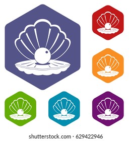 Pearl in a sea shell icons set hexagon isolated vector illustration