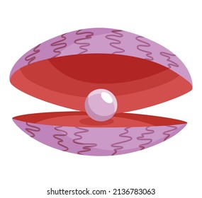 Pearl in seashell. Open seashell scallop and pearl shell icon. Beautiful pearl in clam shell in cartoon flat style. Vector illustration isolated on white background