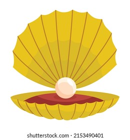 Perle in Muschel. Öffnen Sie Muschelscallop und Perlmuschel-Symbol. Schöne Perle in Muschel im Cartoon-Flachstil. Vektorgrafik einzeln auf weißem Hintergrund