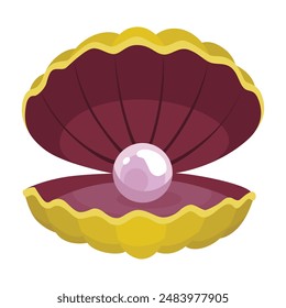 Perla en concha marina. Icono abierto de concha de concha y concha de perla. Perla hermosa en concha de almeja en estilo plano de dibujos animados. Ilustración vectorial aislada sobre fondo blanco