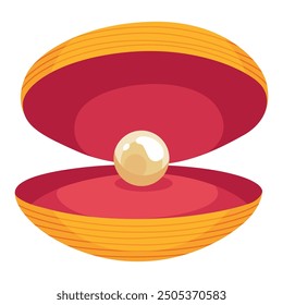 Pearl in seashell. Open seashell scallop and pearl shell icon. Beautiful pearl in clam shell in cartoon flat style. Vector illustration isolated on white background