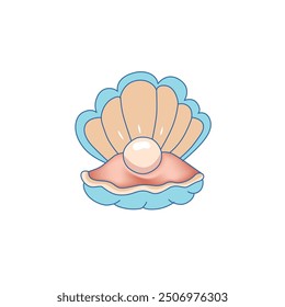 Pearl in seashell. Open seashell scallop and pearl shell icon. Beautiful pearl in clam shell in cartoon flat style. Vector illustration isolated on white background