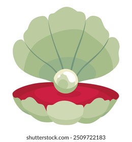 Pearl in seashell. Open seashell scallop and pearl shell icon. Beautiful pearl in clam shell in cartoon flat style. Vector illustration isolated on white background