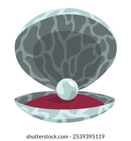Pearl in seashell. Open seashell scallop and pearl shell icon. Beautiful pearl in clam shell in cartoon flat style. Vector illustration isolated on white background