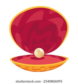 Pearl in seashell. Open seashell scallop and pearl shell icon. Beautiful pearl in clam shell in cartoon flat style. Vector illustration isolated on white background