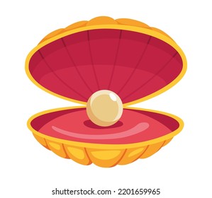 Pearl in seashell. Open seashels scallop and pearl shell icon. Beautiful pearl in clam shell in cartoon flat style. Vector illustration isolated on white background