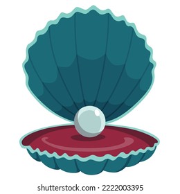 Pearl in seashell. Open seashels scallop and pearl shell icon. Beautiful pearl in clam shell in cartoon flat style. Vector illustration isolated on white background