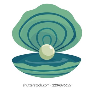 Pearl in seashell. Open seashels scallop and pearl shell icon. Beautiful pearl in clam shell in cartoon flat style. Vector illustration isolated on white background