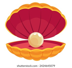 Pearl in seashell. Open seashels scallop and pearl shell icon. Beautiful pearl in clam shell in cartoon flat style. Vector illustration isolated on white background