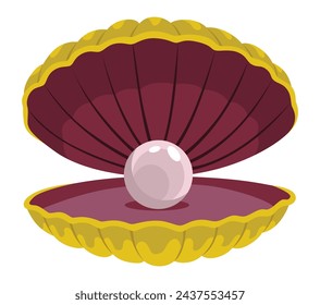 Pearl in seashell. Open seashels scallop and pearl shell icon. Beautiful pearl in clam shell in cartoon flat style. Vector illustration isolated on white background
