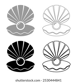 Pearl in seashell shell with pearlized inside open set icon grey black color vector illustration image solid fill outline contour line thin flat style