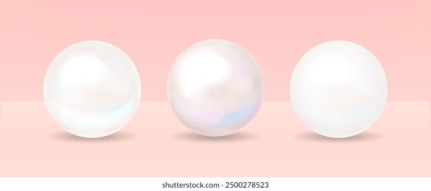 Conjunto de perlas aislado sobre fondo rosa. Orbe esférico hermoso 3D con brillos transparentes y luces altas. Joyas. Ilustración vectorial