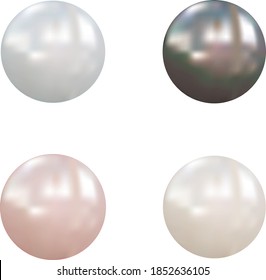 The pearl set is isolated on a transparent background. realistic beautiful 3D ball with highlights. Precious stones. Vector illustration.Round white, pinkish, bluish-gray, black.