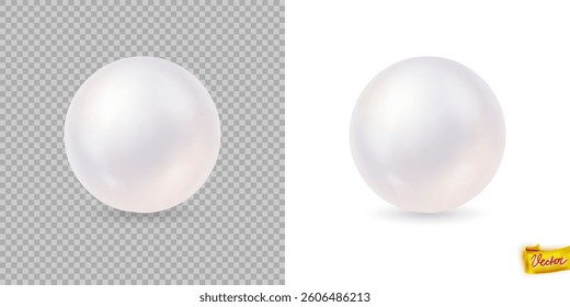 Pearl set isolated on transparent background. Spherical beautiful 3D orb with transparent glares and highlights. Jewel gems. Vector