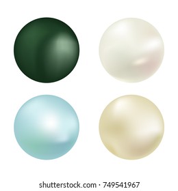 Pearl set isolated on transparent background. Spherical beautiful 3D orb with transparent glares and highlights. Jewel gems. Vector Illustration.
