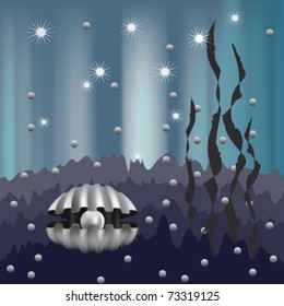 pearl in the shell and algae on the psychedelic blue background , vector