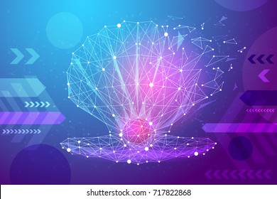 Pearl in shell isolated from low poly wire frame on colorful background. Jewelery vector polygonal image in the form of a starry sky or space, consisting of points, lines, and shapes. blue and purple