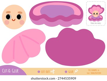 Pearl in a shell paper craft for kids in flat style. Educational cut and glue game. Use scissors and glue to create character. Printable worksheet for fine motor skills and classroom activities.