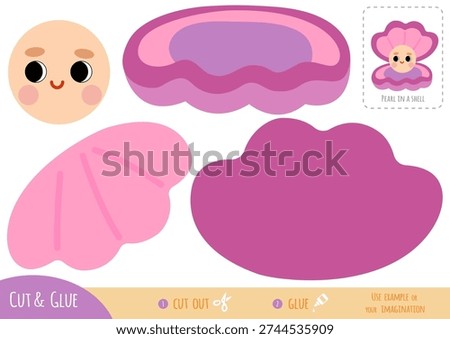 Pearl in a shell paper craft for kids in flat style. Educational cut and glue game. Use scissors and glue to create character. Printable worksheet for fine motor skills and classroom activities.