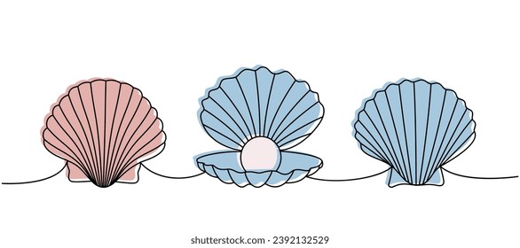 Pearl shells. Sea shells, mollusks, scallop, pearls. Tropical underwater shells continuous one line illustration. Vector minimalist illustration.