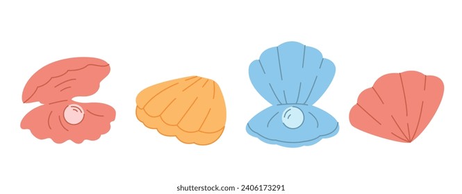 pearl shells set. open and closed seashells set on a white background