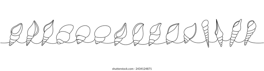 Conchas de perlas puestas. Conchas de mar, moluscos, vieiras, perlas. Ilustración continua de una línea de conchas submarinas tropicales. Vector ilustración minimalista.