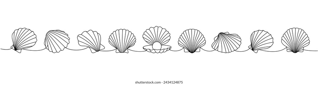 Pearl shells set. Sea shells, mollusks, scallop, pearls. Tropical underwater shells continuous one line illustration. Vector minimalist illustration.