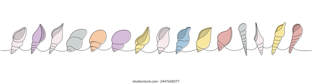 Conchas de perlas puestas. Conchas de mar, moluscos, vieiras, perlas. Ilustración continua de una línea de conchas submarinas tropicales. Vector ilustración minimalista.