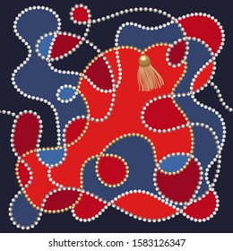 Pearl shine beads with  tassels seamless . Blue and red background.Fashion motifs. Abstract pattern illustration. Idea for material, scarf, fabric, textile, wallpaper, wrapping paper