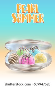 pearl of summer  many ice cream ball  in a sea shell