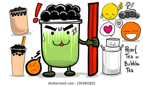 Pearl tea or bubble tea mascot character with elements such as straw, cup and milk bucket in funny drawing style vector