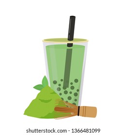 Pearl tea. Green tea cup vector. Green tea cup on white background. Matcha tea whisk.