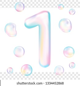 Pearl transparent number one bubble. Soft colored: pink, blue, yellow, violet, green, cyan. Vector file.