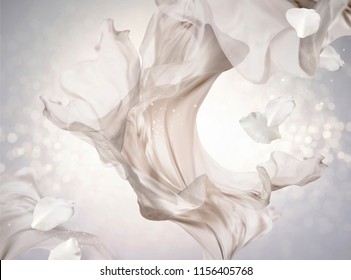 Pearl white chiffon design flying with petals, 3d illustration