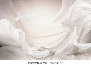 Pearl white chiffon design flying with feathers, 3d illustration
