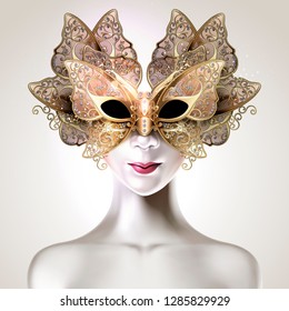 Pearl white dummy model wearing carnival butterfly mask in 3d illustration