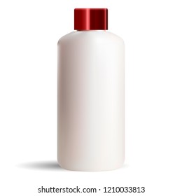 Pearl white round cosmetic bottle mockup with red cap. Cosmetics product packaging template isolated on white background. Vector shampoo container template.