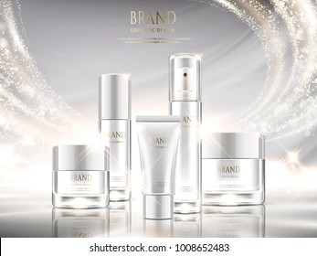 Pearl white skincare ads, cosmetic package design set with glittering light effect in 3d illustration
